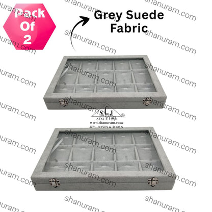 Pack of 2 – 15-Grid Earring & Pendant Jewellery Display Boxes | Transparent Lid | Grey Suede Finish | Jewellery Organizer for Retail & Personal Use