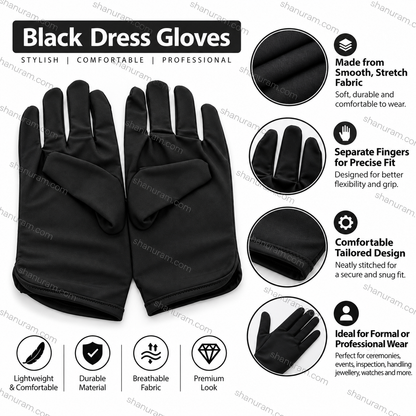 Black dress gloves shown on a white background with feature callout icons and text. The image includes circular close-up insets showing fabric texture and finger separation, plus marketing claims such as lightweight, durable, breathable fabric, and professional look.