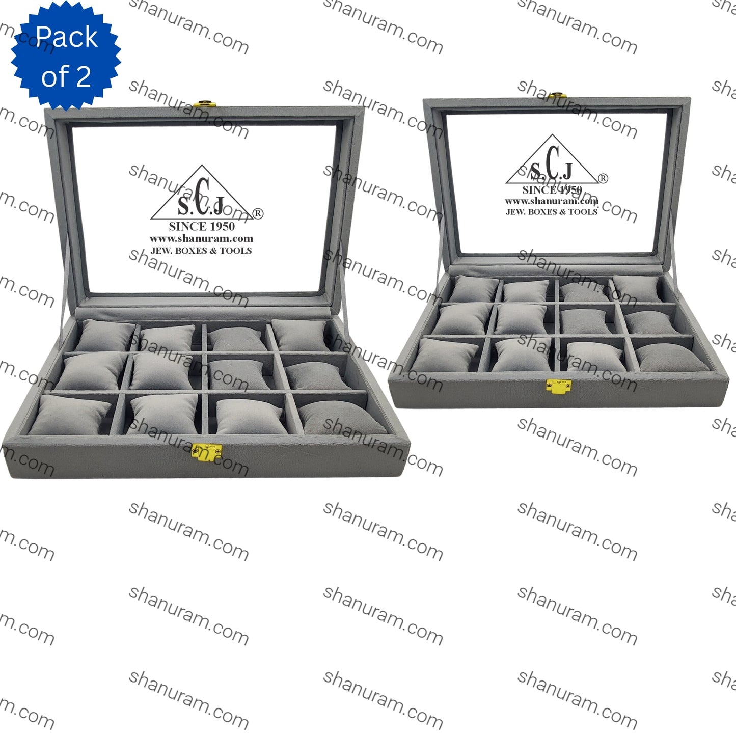 Pack of 2 – 12-Grid Bracelet Display Boxes | Grey Suede Jewellery Organizer with Cushions & Transparent Lid | Premium Stock Box for Retail & Personal Use