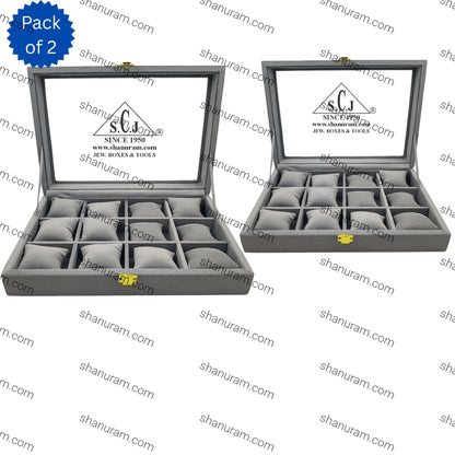 Pack of 2 – 12-Grid Bracelet Display Boxes | Grey Suede Jewellery Organizer with Cushions & Transparent Lid | Premium Stock Box for Retail & Personal Use