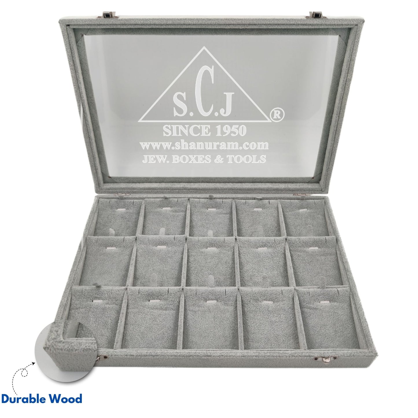 15-Grid Earring And Pendant Jewellery Display Stock Box | Grey Suede Pendant Stock Display Box