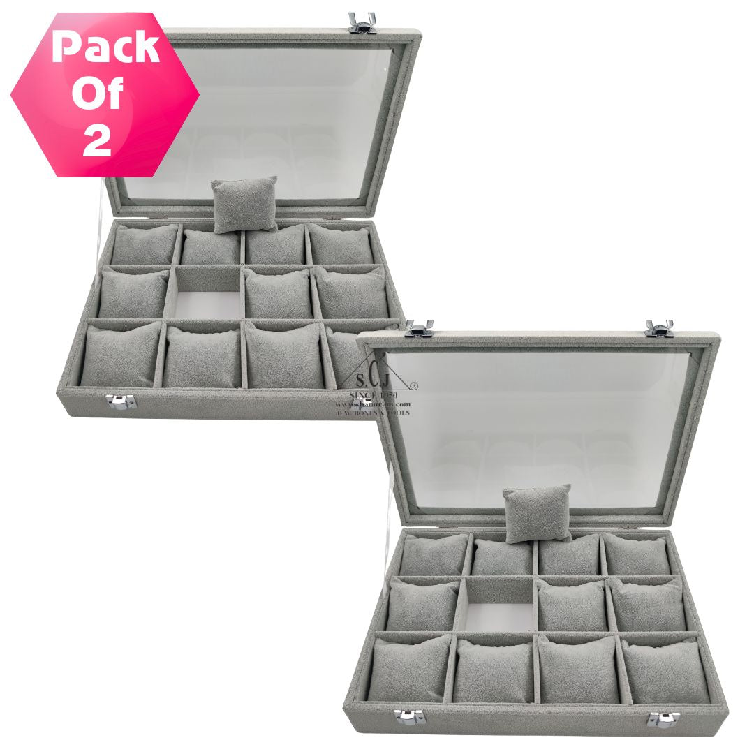 Pack of 2 – 12-Grid Bracelet Display Boxes | Grey Suede Jewellery Organizer with Cushions & Transparent Lid | Premium Stock Box for Retail & Personal Use