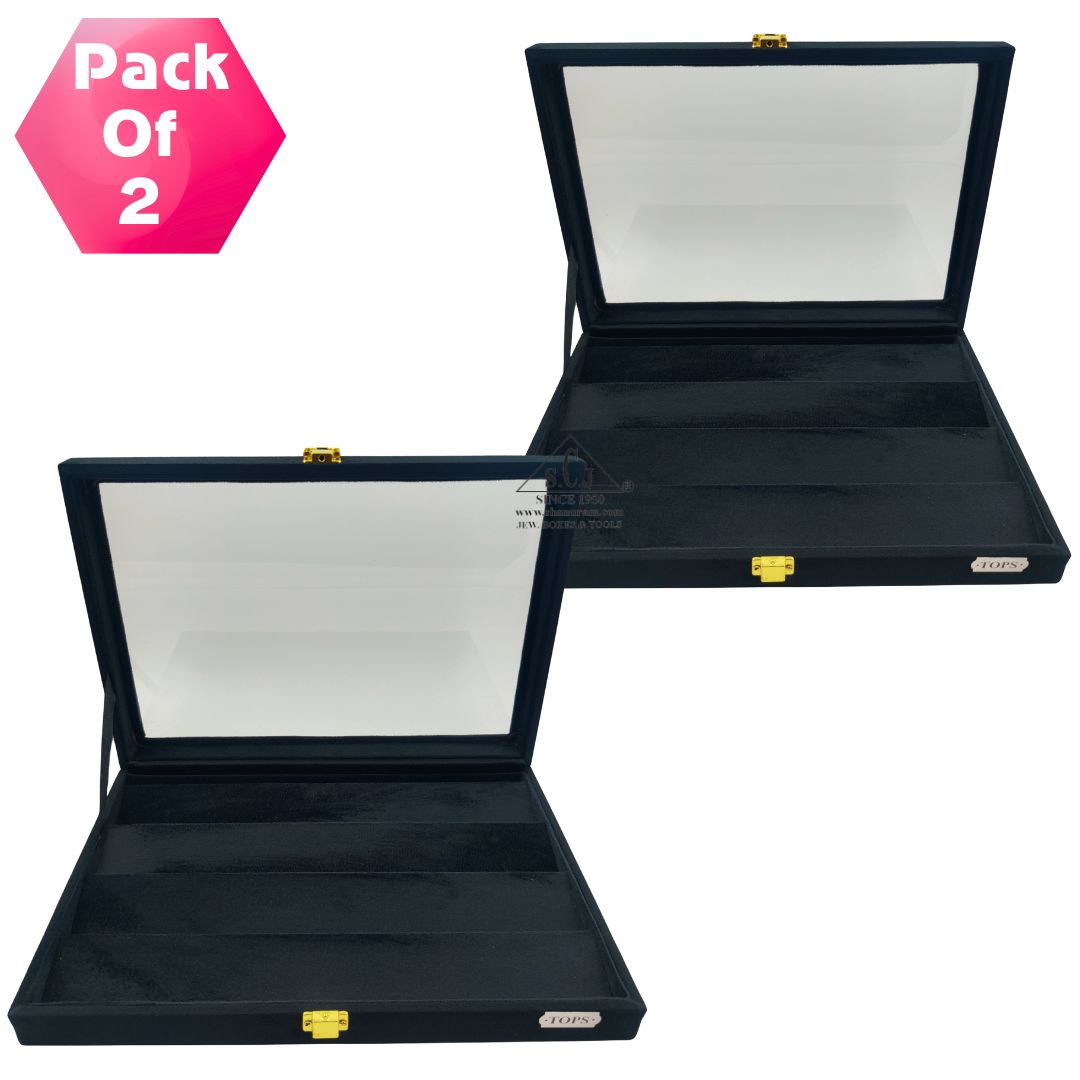 Pack of 2 - Black Suede Earrings & Tops Display Box | 4 Shelf Jewelry Organizer with Glass Top