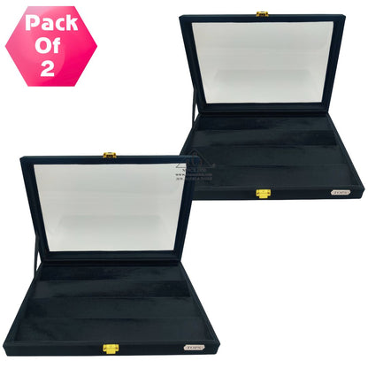 Pack of 2 - Black Suede Earrings & Tops Display Box | 4 Shelf Jewelry Organizer with Glass Top