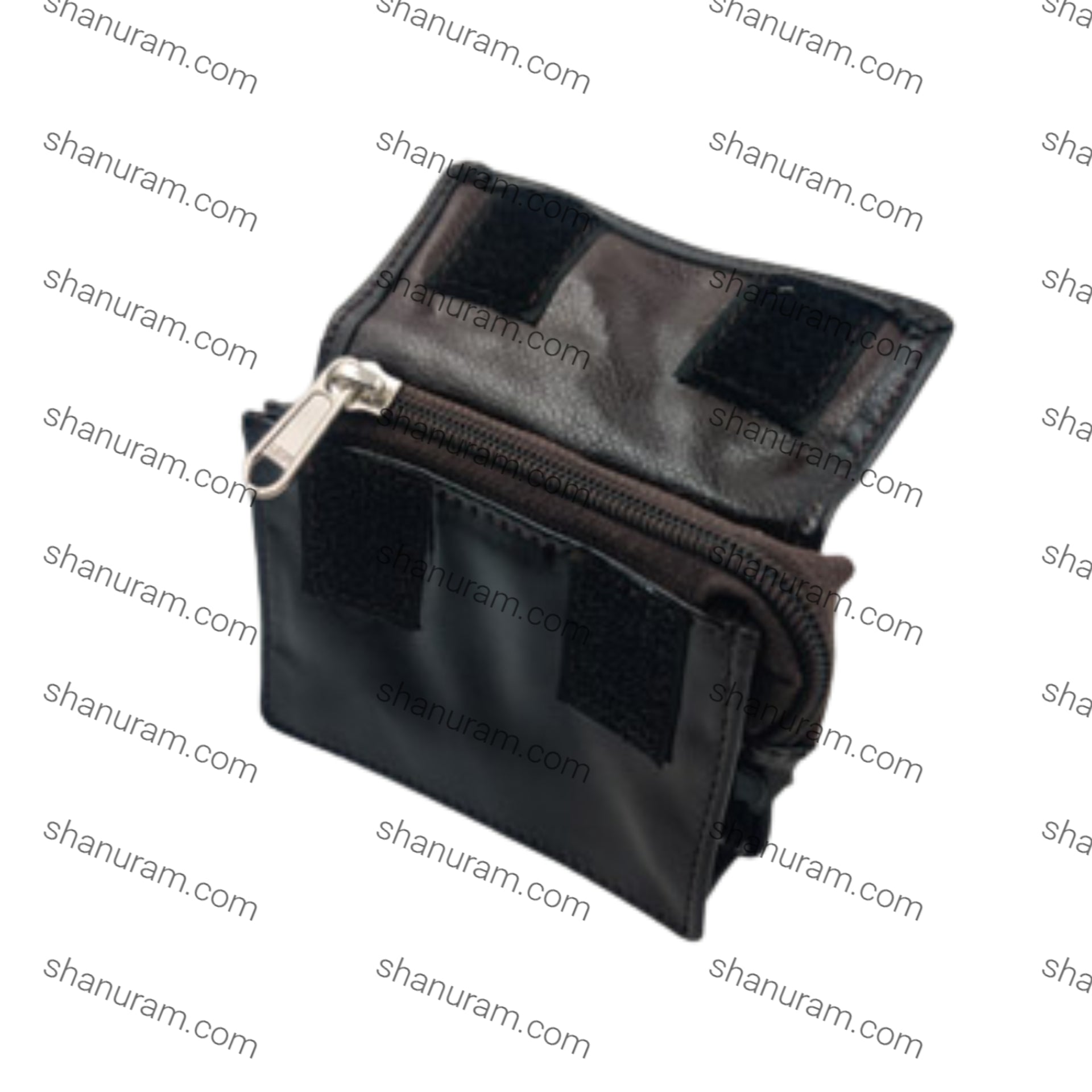 Black leather wallet with a zipper on a white background