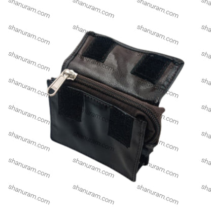 Black leather wallet with a zipper on a white background
