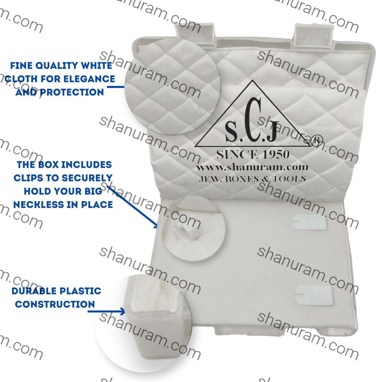 SCJ Big Necklace Box – Durable Off-White Plastic Jewelry Storage with White Cloth Lining (Pack of 10)