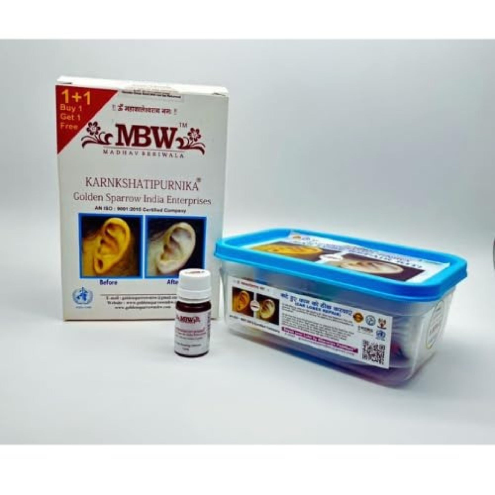 MBW Karnkshatipurnika product set with box, container, and bottle on a white background