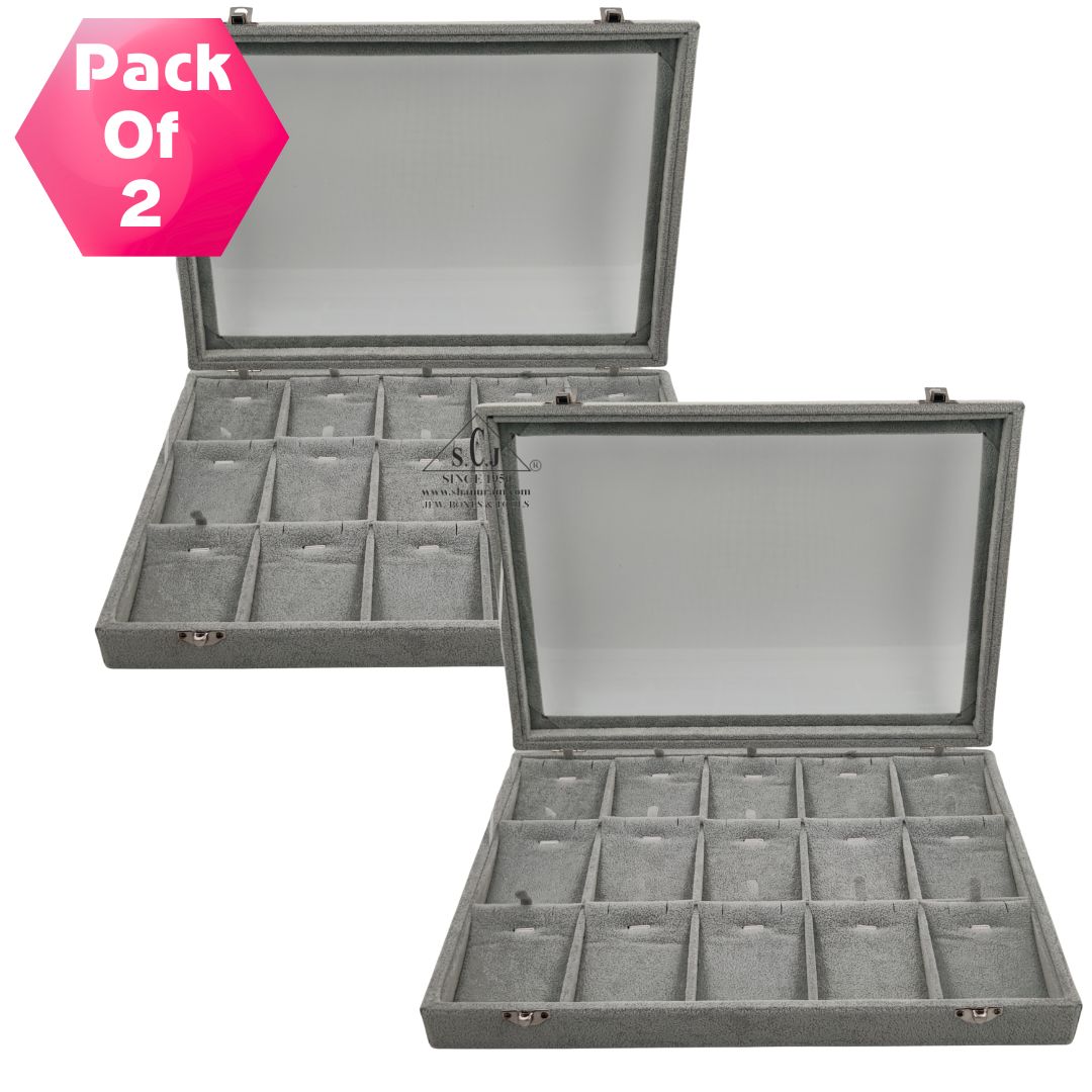 Pack of 2 – 15-Grid Earring & Pendant Jewellery Display Boxes | Transparent Lid | Grey Suede Finish | Jewellery Organizer for Retail & Personal Use