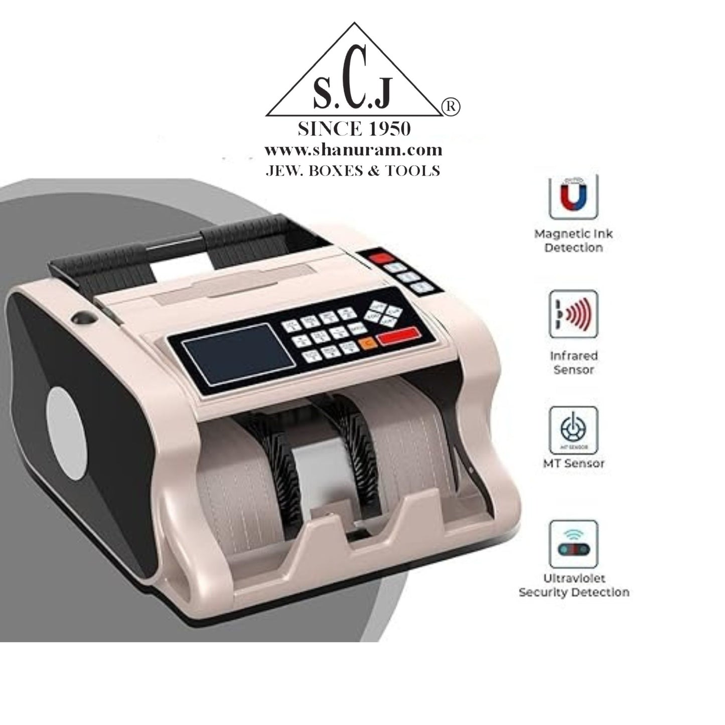 SCJ Heavy Duty Indian Currency Value Counter Machine with Fake Note Detection – Supports Mixed Denominations (₹10 to ₹2000) – Loose Cash Counting Machine