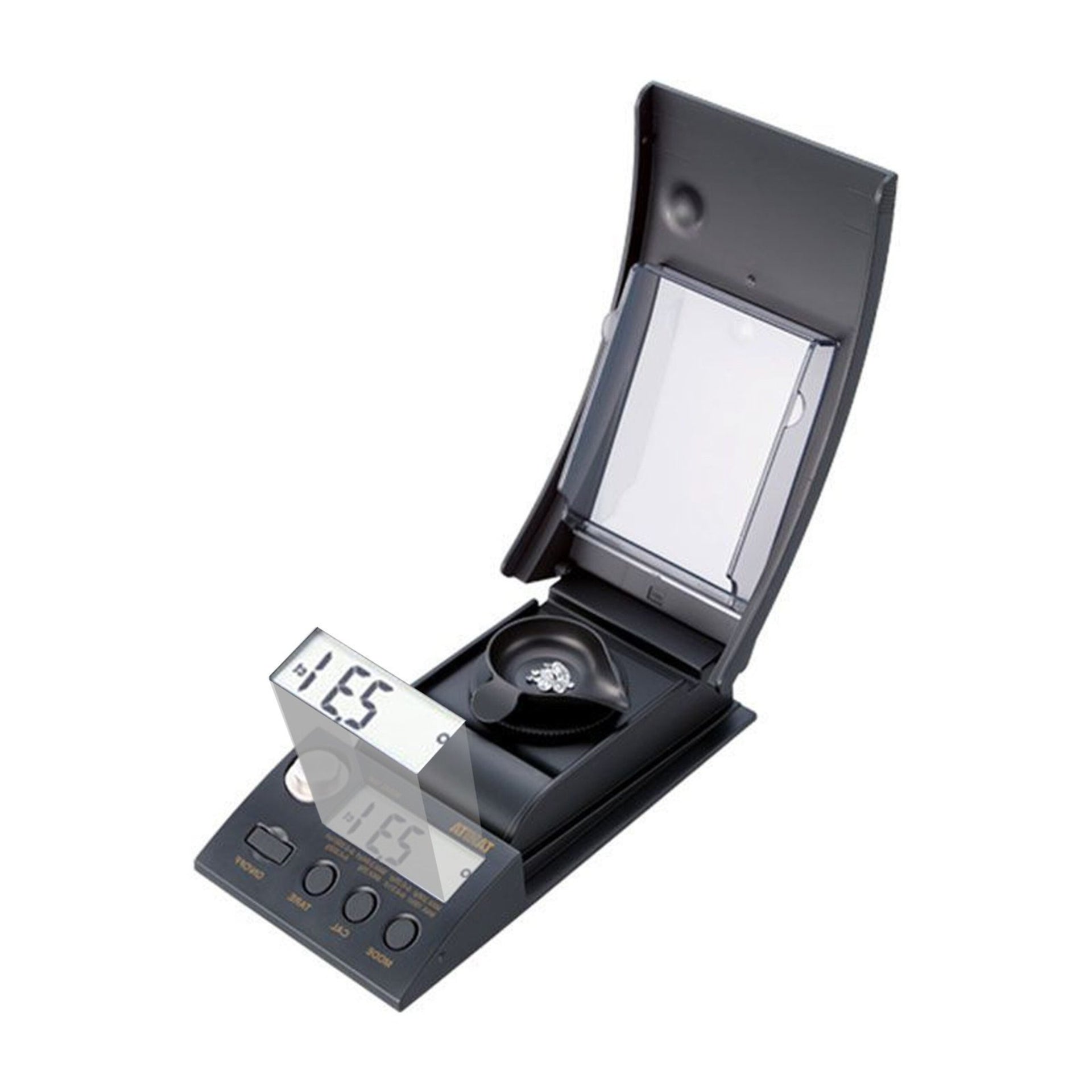 Digital jewelry scale with a clear lid on a white background