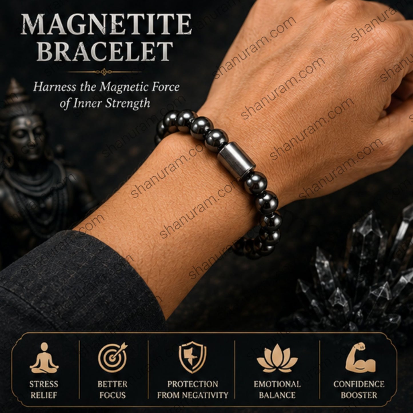 Natural Magnetite Bracelet – Magnetic Energy, Focus, Protection & Grounding Beaded Bracelet