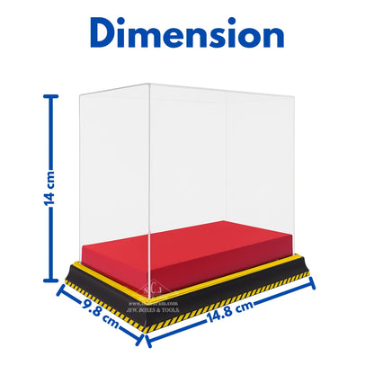 Measurement chart showing dimensions of a clear box with red cushioning material on a white background.