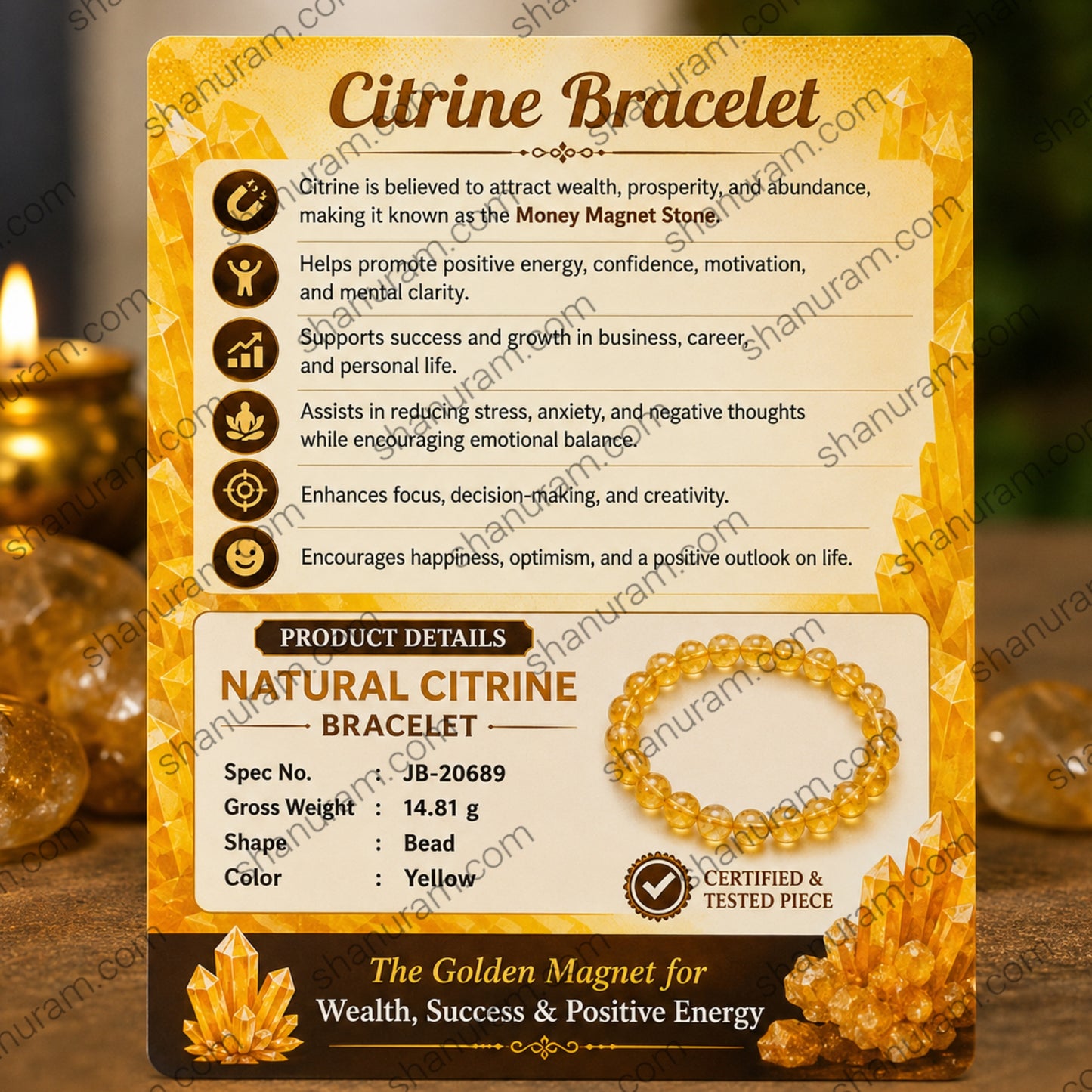 Natural Citrine Crystal Bracelet for Wealth, Success & Positive Energy | Certified Gemstone Bead Bracelet