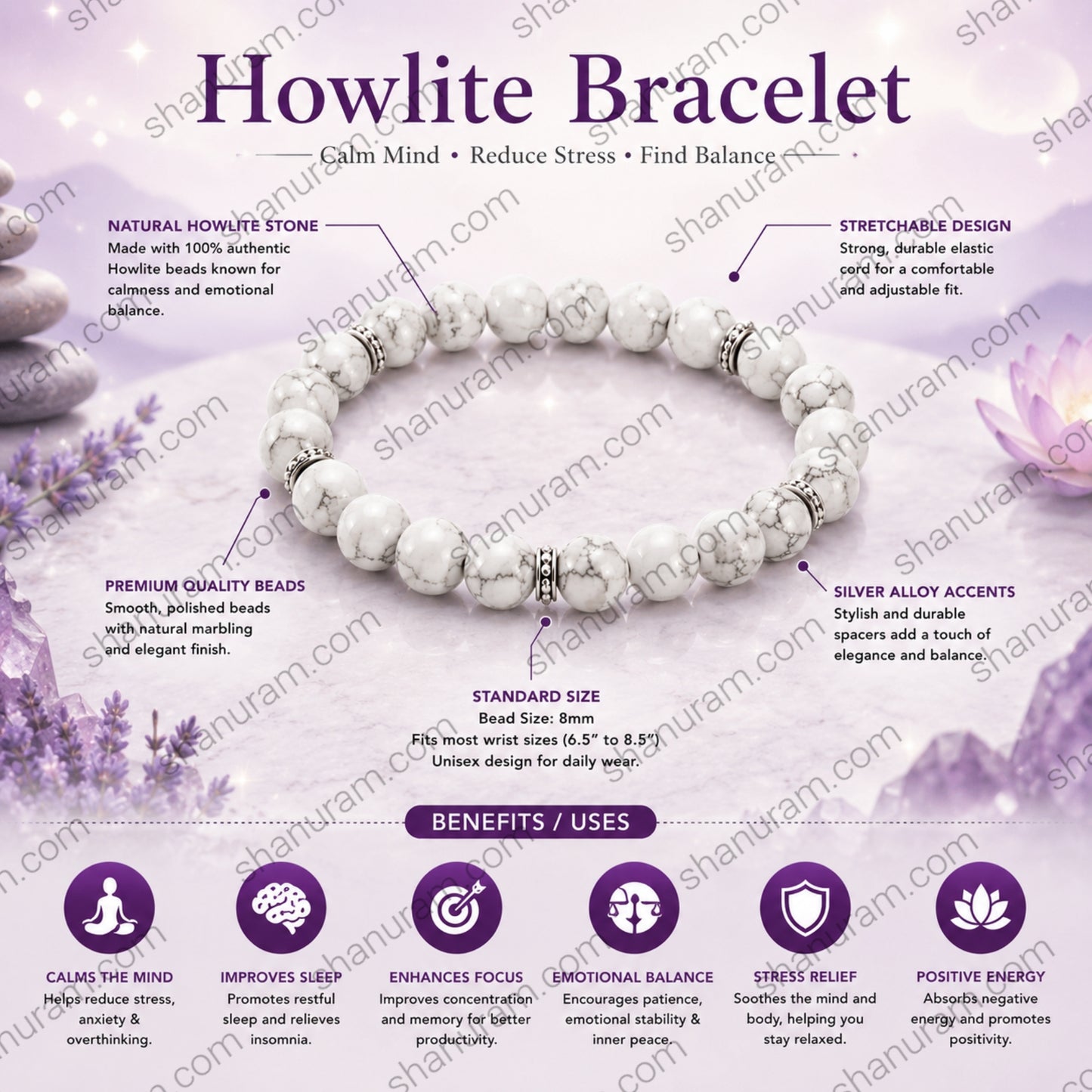 Natural Howlite Bracelet – White Howlite Stone Beaded Healing Bracelet for Calmness, Stress Relief & Emotional Balance