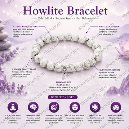 Natural Howlite Bracelet – White Howlite Stone Beaded Healing Bracelet for Calmness, Stress Relief & Emotional Balance