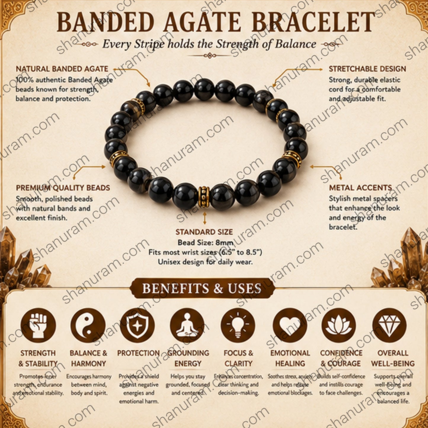 Natural Banded Agate Bracelet – Black Agate Stone Bracelet for Strength, Balance & Protection