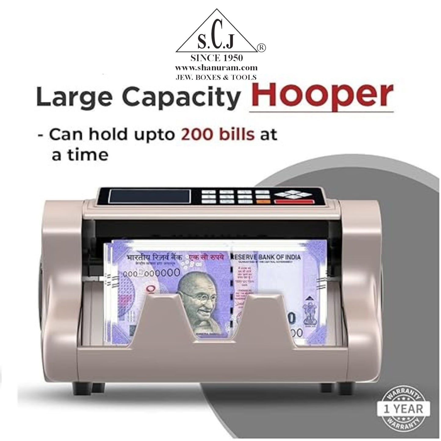 SCJ Heavy Duty Indian Currency Value Counter Machine with Fake Note Detection – Supports Mixed Denominations (₹10 to ₹2000) – Loose Cash Counting Machine