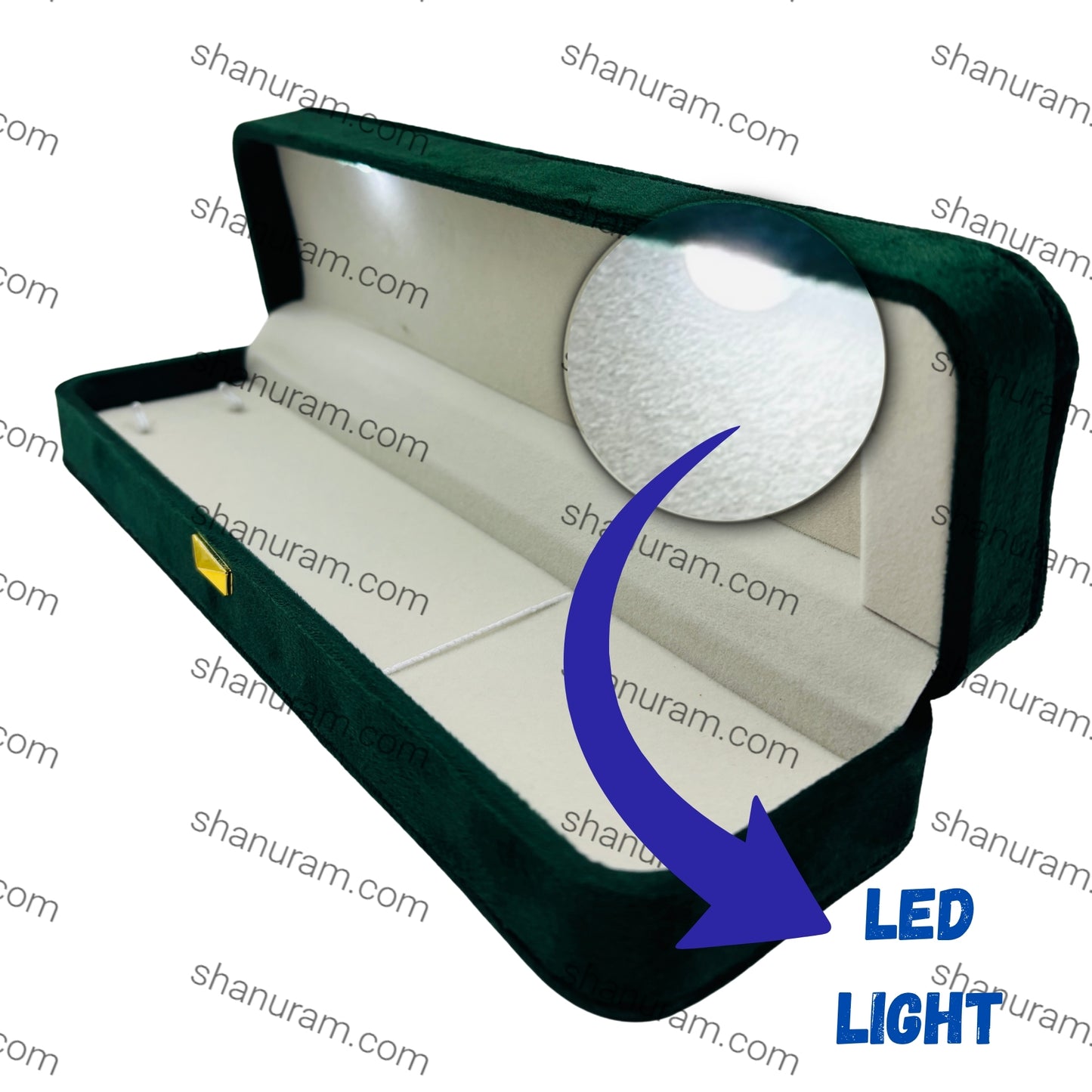 Premium Green Velvet LED Chain Box with White Suede Interior