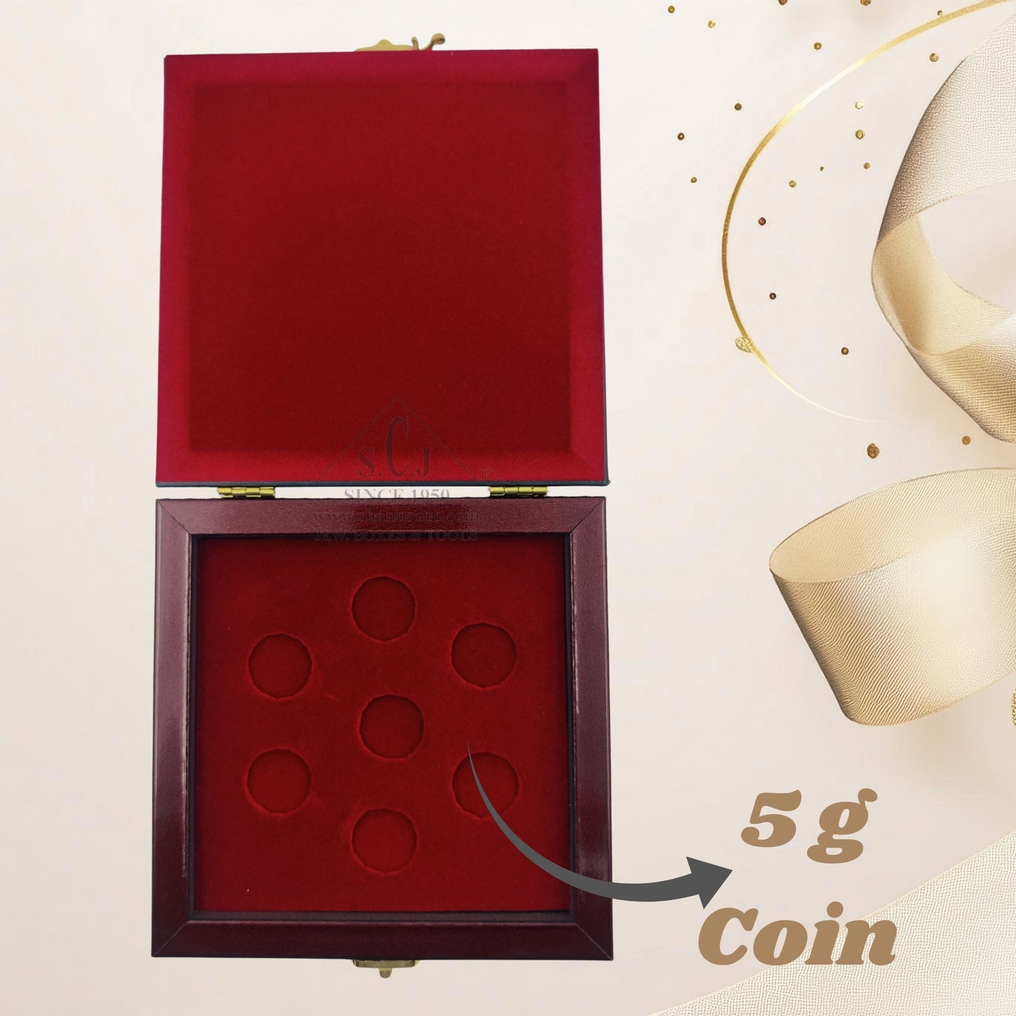 Premium 5g Red Wooden 7-Coin Square Box | Elegant Ginni Gift Box for 5g Silver & Gold Coins (Sikka)