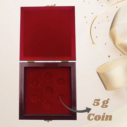 Premium 5g Red Wooden 7-Coin Square Box | Elegant Ginni Gift Box for 5g Silver & Gold Coins (Sikka)