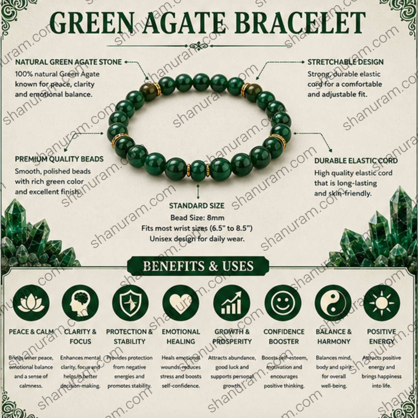 Natural Green Agate Bracelet – Healing Crystal Bracelet for Peace, Clarity & Positive Energy