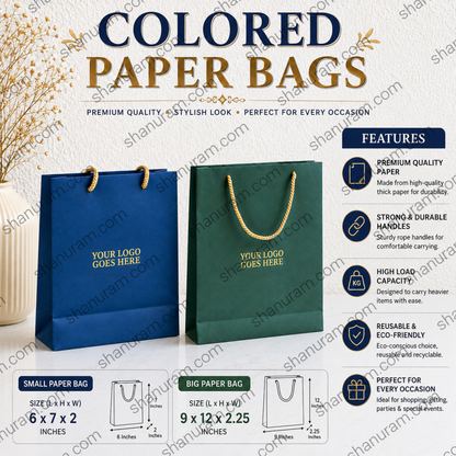 Premium Colored Paper Gift Bags with Rope Handles | Small (6×7×2") & Big (9×12×2.25") | Luxury Paper Carry Bags