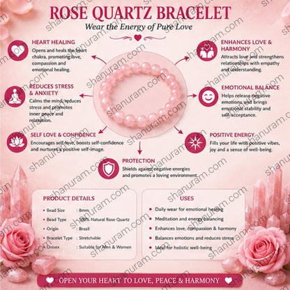 Natural Rose Quartz Bracelet – Love, Emotional Healing & Harmony Crystal Beaded Bracelet for Men & Women
