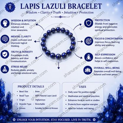 Natural Lapis Lazuli Bracelet – Wisdom, Intuition, Truth & Protection Crystal Beaded Bracelet