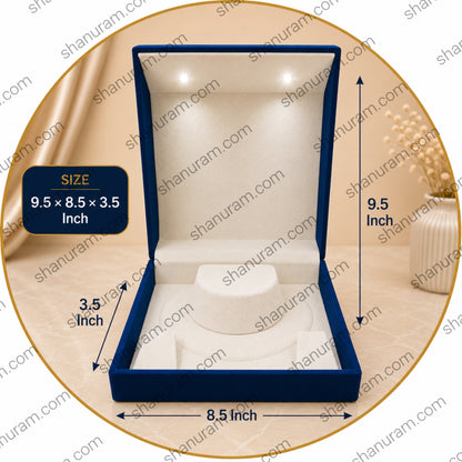 Premium LED Jewelry Presentation Box | Blue Velvet Necklace Gift Box with White Suede Interior | 9.5 × 8.5 × 3.5 Inch