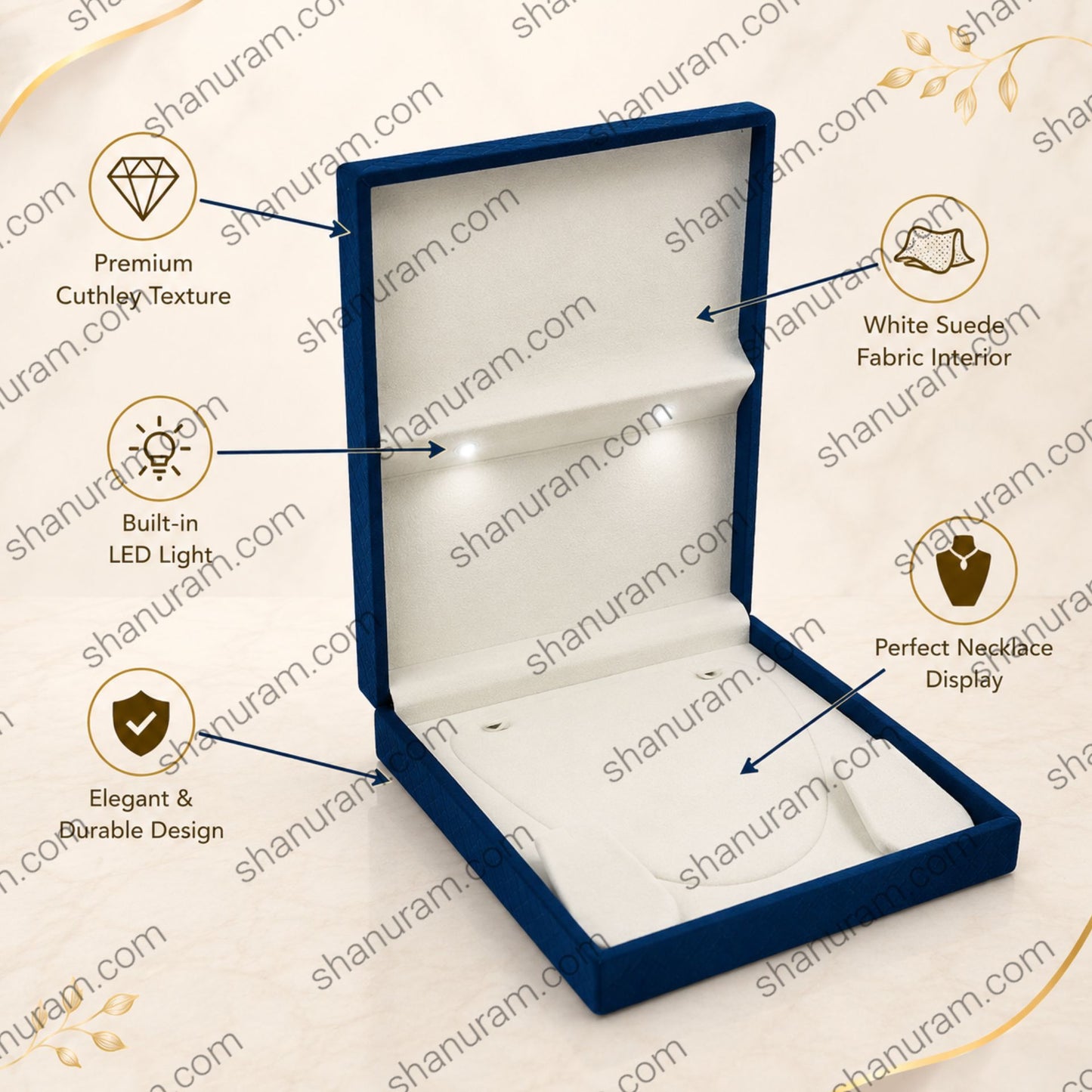Blue Cuthely Large LED Necklace Box – Premium Blue Velvet Jewelry Gift Box with White Suede Interior (12 × 8 × 2 Inch)