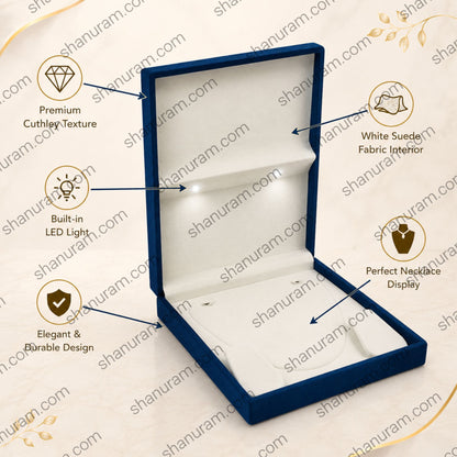 Blue Cuthely Large LED Necklace Box – Premium Blue Velvet Jewelry Gift Box with White Suede Interior (12 × 8 × 2 Inch)