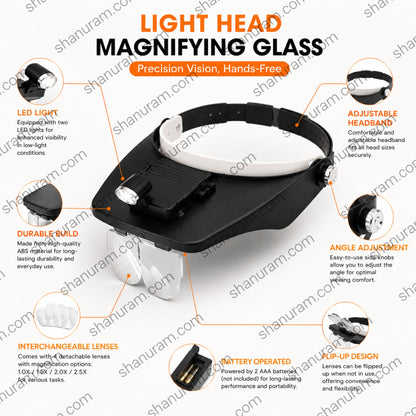 Light Head Magnifying Glass with Dual LED Light | Adjustable Headband | 4 Interchangeable Lenses (1.0X, 1.5X, 2.0X, 2.5X)