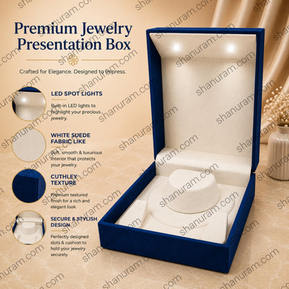 Premium LED Jewelry Presentation Box | Blue Velvet Necklace Gift Box with White Suede Interior | 9.5 × 8.5 × 3.5 Inch