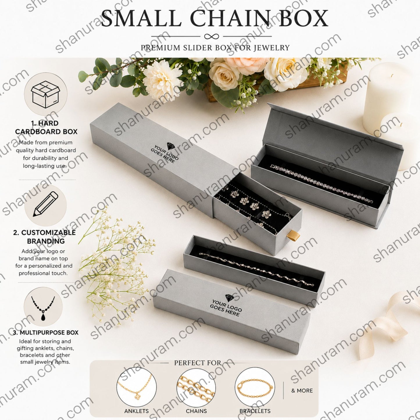 Premium Small Chain Jewellery Box – Slider & Magnetic Flap Hard Cardboard Gift Packaging Box with Custom Logo Printing