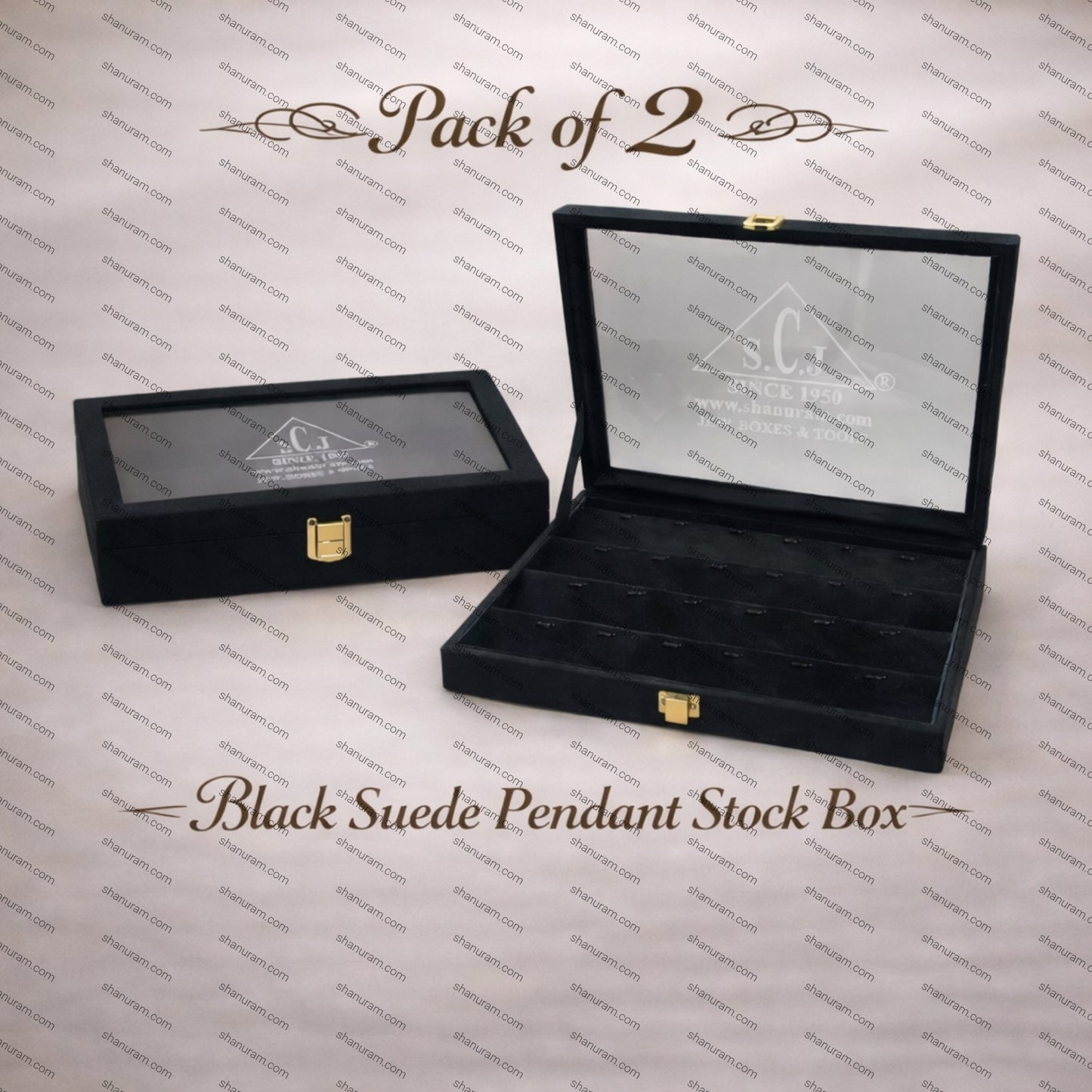 Black Suede Pendant Stock Box with 4 Shelves & 6 Hooks Each – Pack of 2 | Glass Top Jewellery Display Box by SCJ