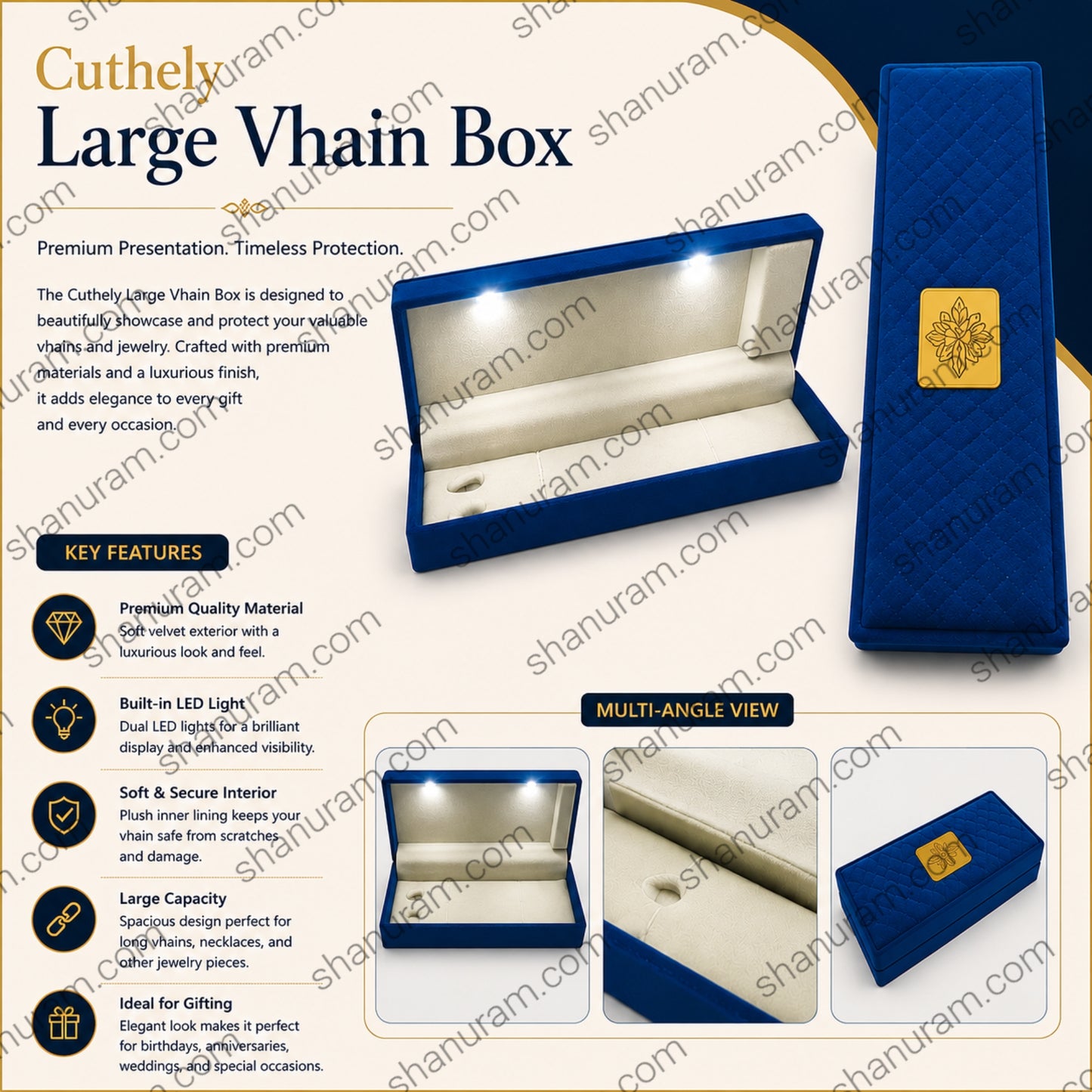 Blue Cuthely Large LED Chain Jewelry Box | Premium Blue Velvet Necklace Gift Box with White Suede Interior | 9 x 2.5 x 1.5 Inch