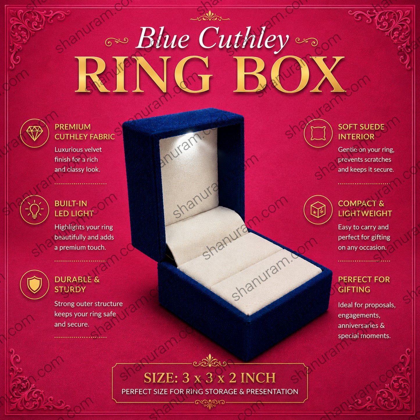 Premium Blue Velvet Ring Box with LED Light | Cuthley Texture Jewelry Gift Box | 3 x 3 x 2 Inch