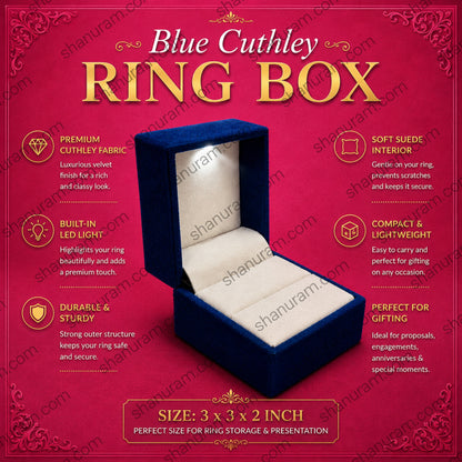 Premium Blue Velvet Ring Box with LED Light | Cuthley Texture Jewelry Gift Box | 3 x 3 x 2 Inch