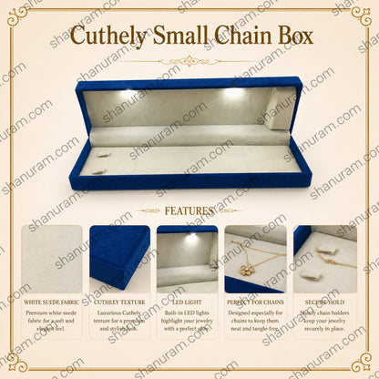 Cuthely LED Small Chain Jewelry Box | Premium Blue Velvet Chain Gift Box with White Suede Interior | 9 x 2.5 x 1.5 Inch
