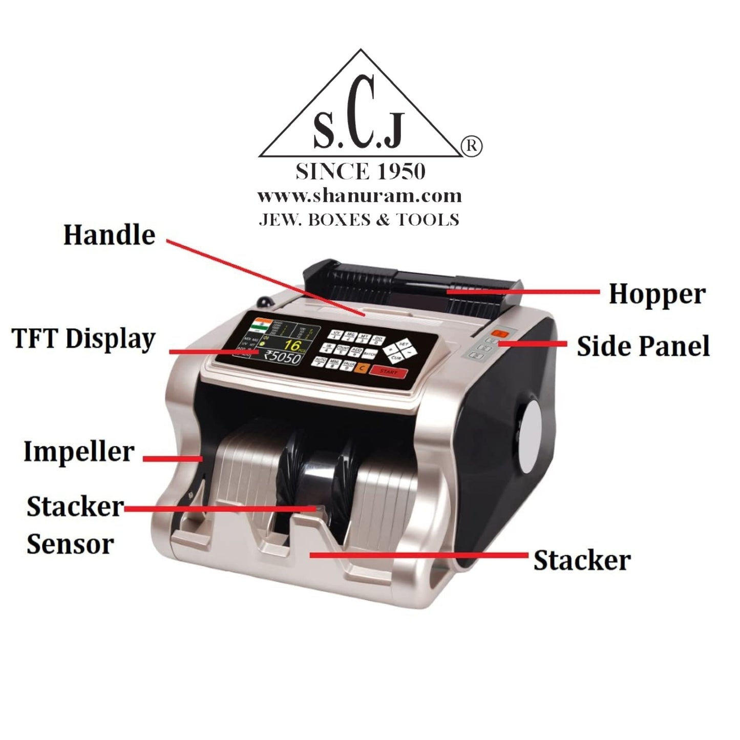 SCJ Heavy Duty Indian Currency Value Counter Machine with Fake Note Detection – Supports Mixed Denominations (₹10 to ₹2000) – Loose Cash Counting Machine