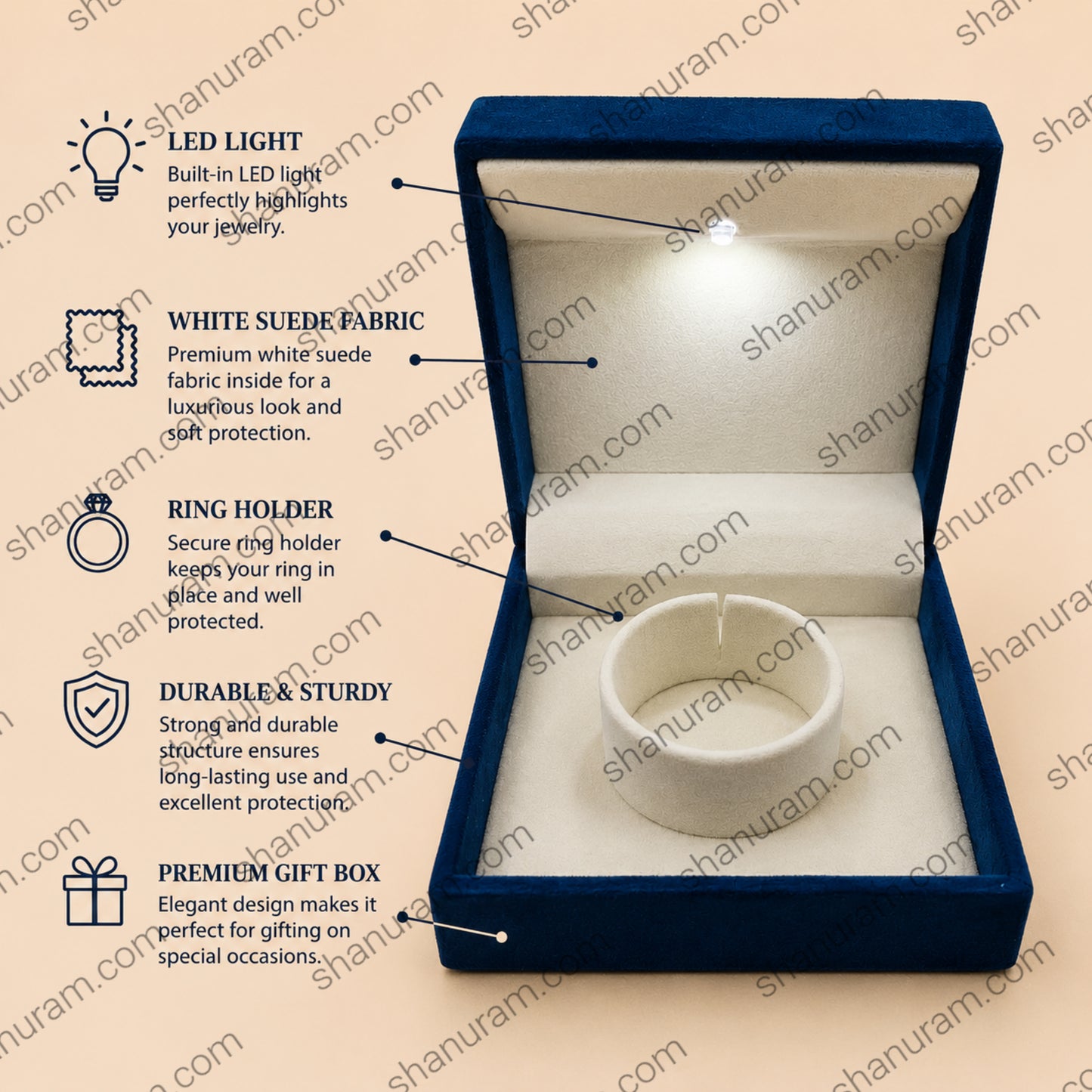 Premium Blue Velvet LED Ring Box with White Suede Interior | Luxury Jewelry Gift Box | 4 x 4 x 2 Inch