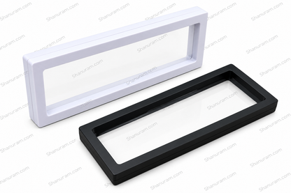 Two rectangular frame-like products with transparent front panels, shown on a white background. The top one is white with a clear panel, and the bottom one is black with a clear panel.