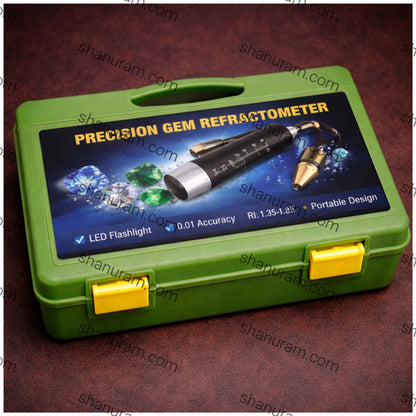 Green case with a precision gem refractometer on a brown background