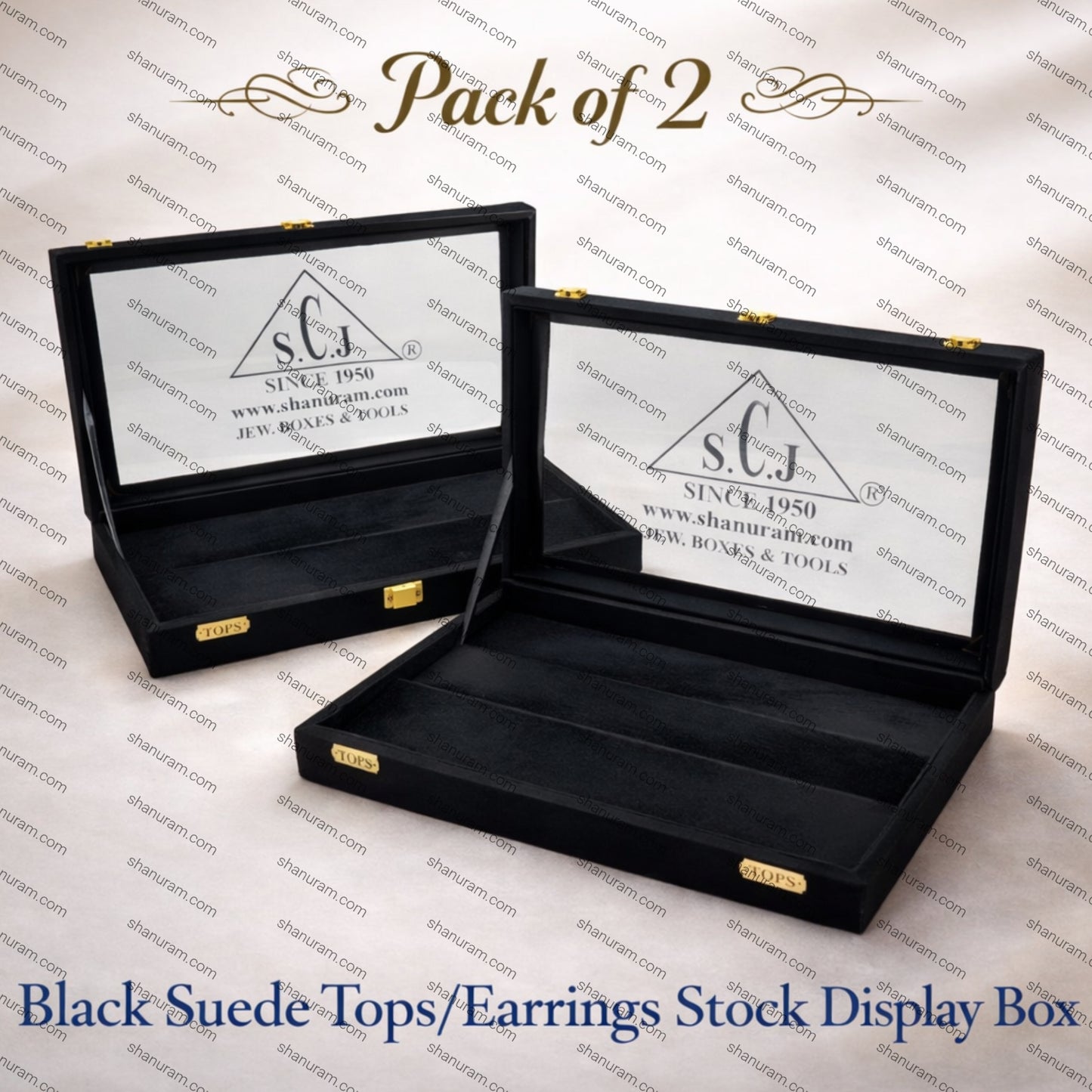 Pack of 2 Black Suede Tops/Earrings Stock Display Boxes | 4-Shelf Jewelry Storage & Display Organizer