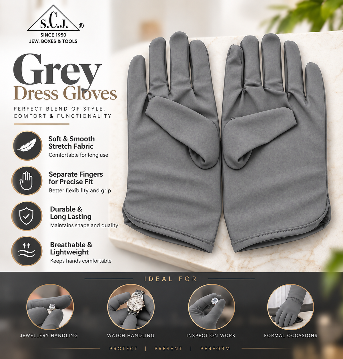 SCJ Grey Dress Gloves for Jewellery Handling, Watch Handling & Professional Use | Soft Stretch Fabric | Pair