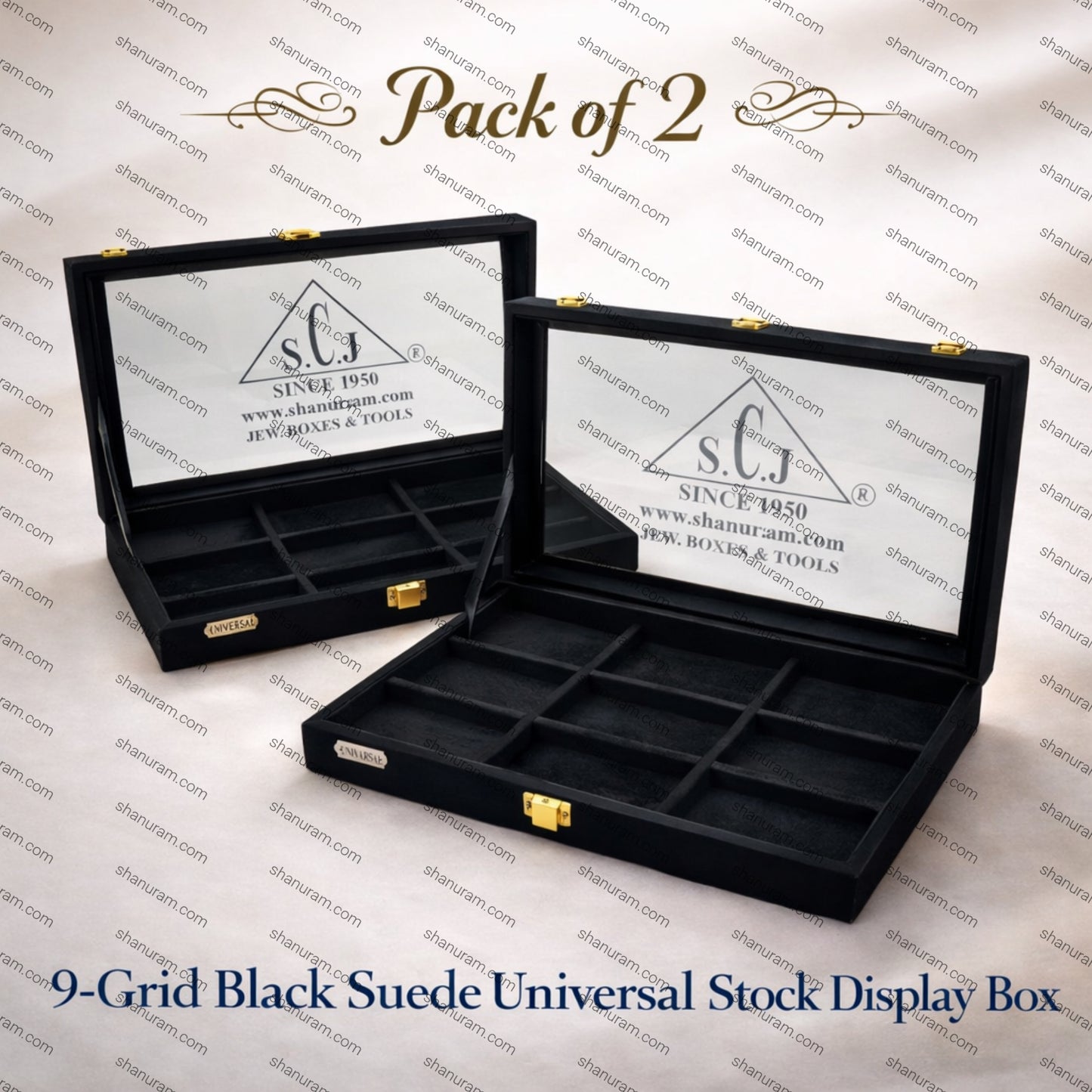 9-Grid Black Suede Universal Stock Display Box – Pack of 2 | Jewellery Storage & Display Box with Glass Top