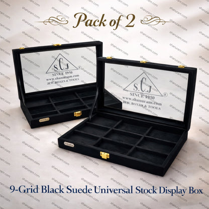 9-Grid Black Suede Universal Stock Display Box – Pack of 2 | Jewellery Storage & Display Box with Glass Top
