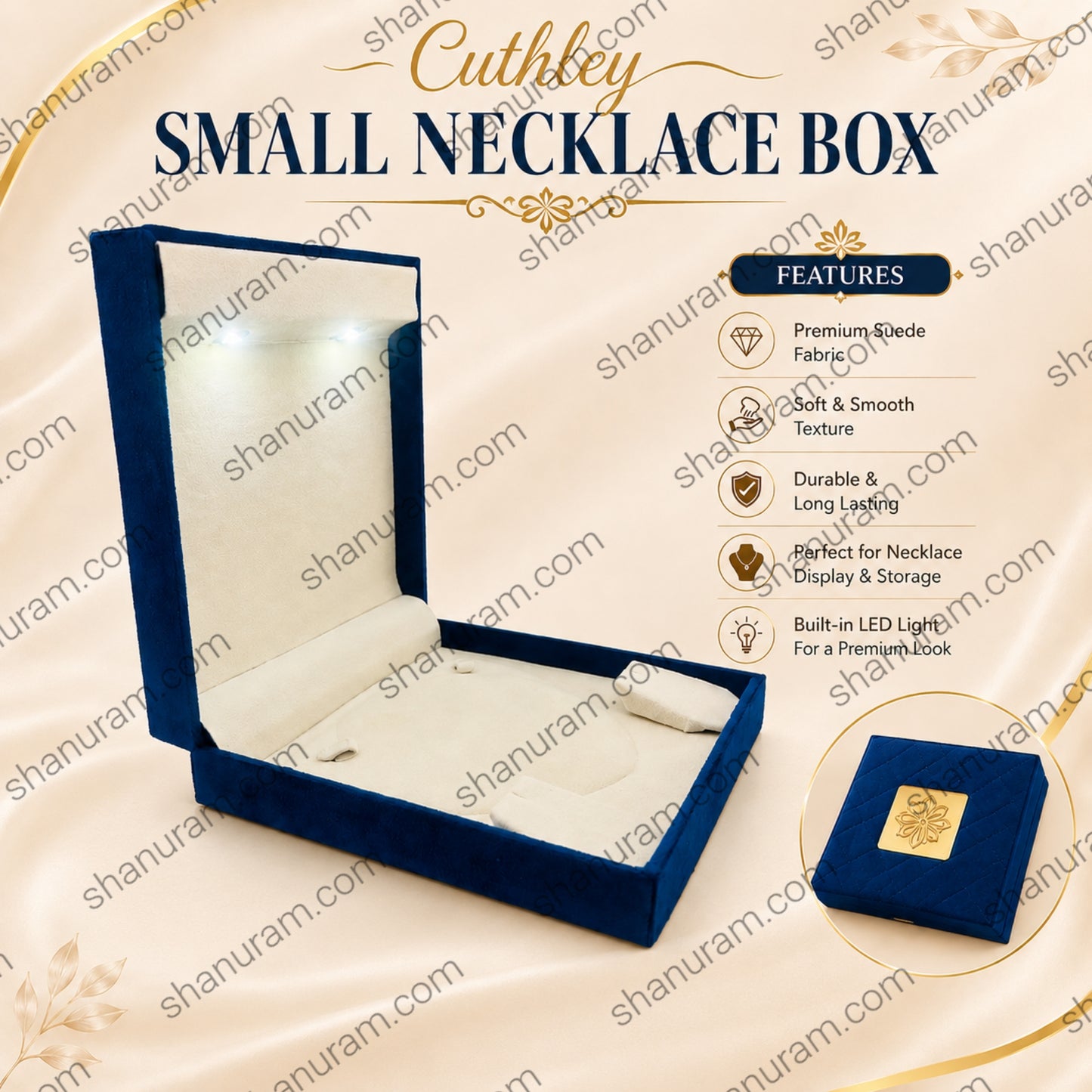Blue Cuthley Small Necklace Box with LED Light | Premium Blue Suede Jewelry Gift Box