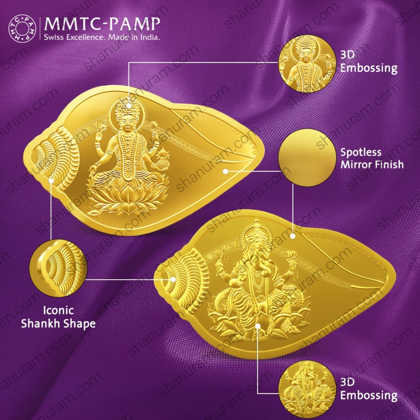MMTC-PAMP 10g (5g+5g) 24K 999.9+ Pure Gold Coin Pair – Lakshmi & Ganesha Shankh Design